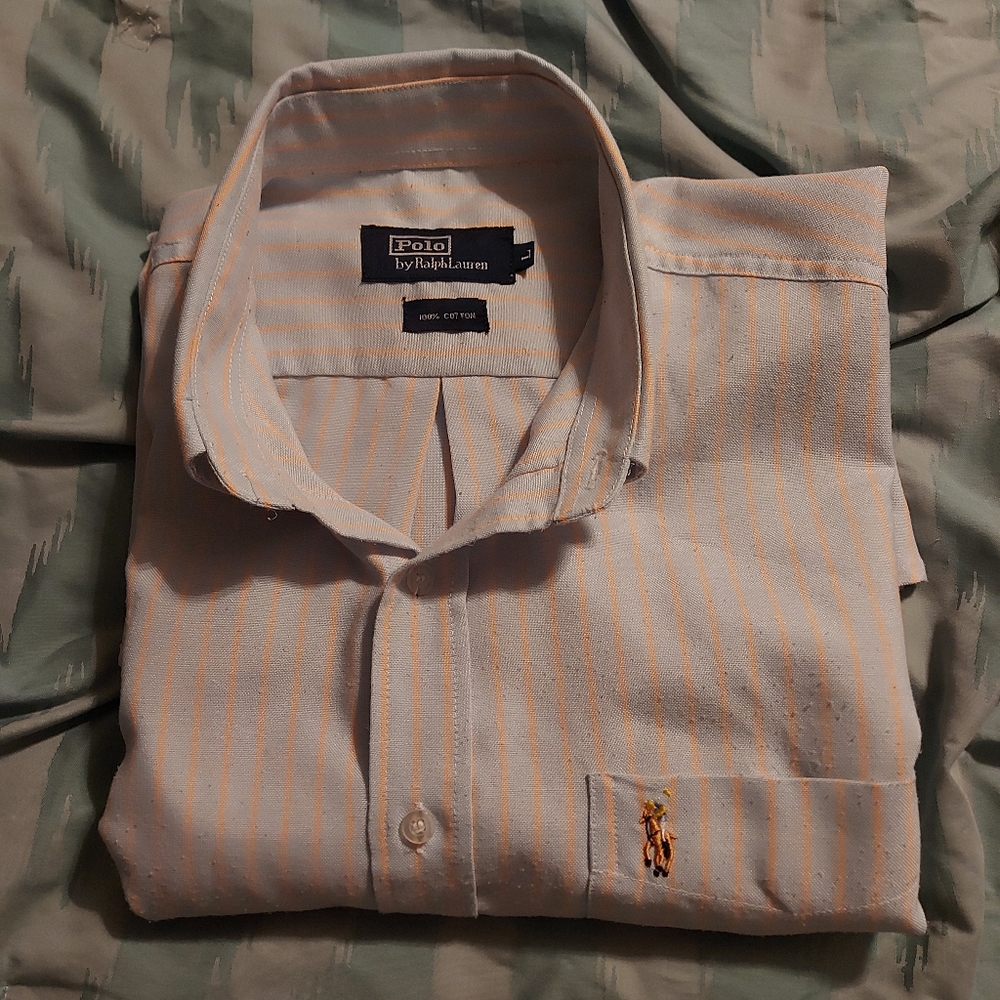 Men Polo Ralph Lauren Sz Large Long Sleeve Blue Button Down Shirt Orange Striped